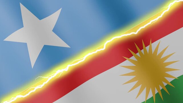 Two waving flags Somalia and Kurdistan with diagonal lightning seamless, 4k loop