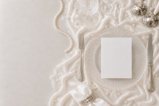 5x7 Wedding Invitation Mockup On Elegant Pearl Tablescape With Crystal Plate