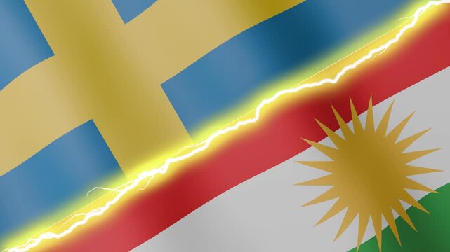 Two waving flags Sweden and Kurdistan with diagonal lightning seamless, 4k loop