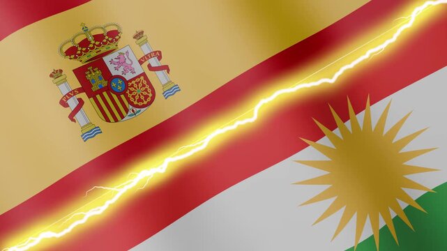 Two waving flags Spain and Kurdistan with diagonal lightning seamless, 4k loop