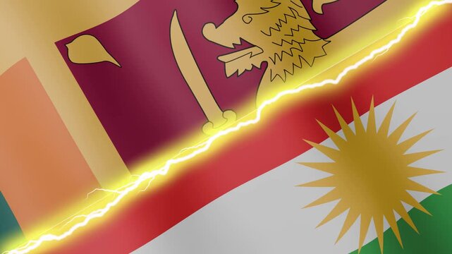 Two waving flags Sri Lanka and Kurdistan with diagonal lightning seamless, 4k loop