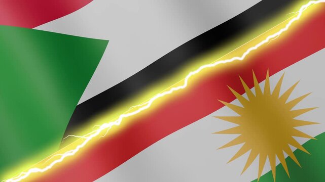 Two waving flags Sudan and Kurdistan with diagonal lightning seamless, 4k loop