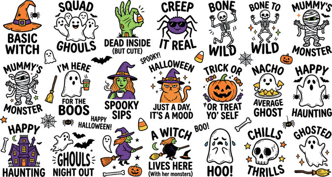 Cute Halloween sticker bundle vector sheet featuring cartoon ghosts skeletons pumpkins and witches with funny spooky typography puns design elements isolated on white.