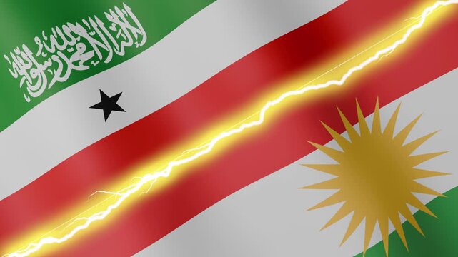 Two waving flags Somaliland and Kurdistan with diagonal lightning seamless, 4k loop