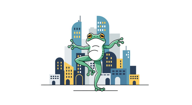 Frog dancing in front of city skyline
