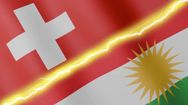 Two waving flags Switzerland and Kurdistan with diagonal lightning seamless, 4k loop