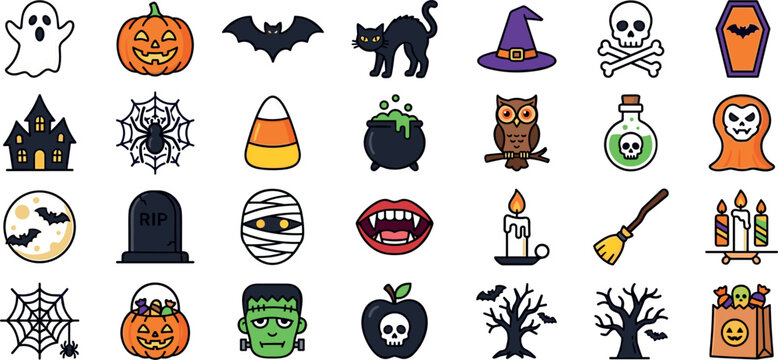 Cute Halloween line art vector icon set featuring cartoon ghosts pumpkins bats black cats skulls mummies frankenstein monsters and spooky holiday sticker elements.