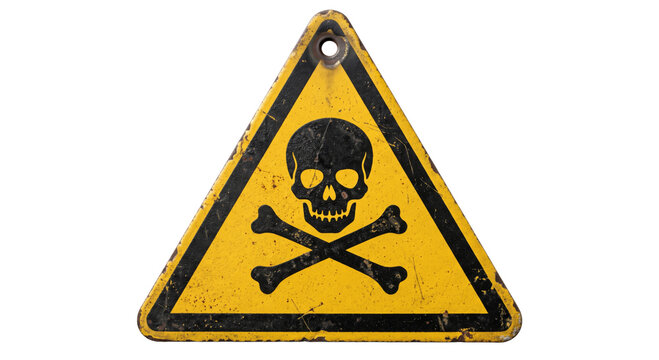 Weathered yellow triangle warning sign with skull and crossbones symbol