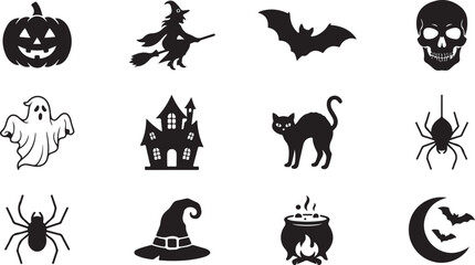 Fototapeta premium Black Halloween Silhouette Icons with Pumpkin Skull Bat Witch and Ghost