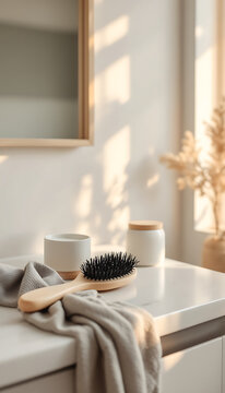 Soft morning light illuminates a wooden hairbrush and bathroom essentials