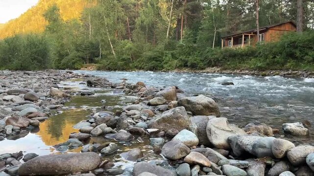 Scenic video of a fast mountain river flowing over rocky bed near pine forest and wooden cabin in Altai Mountains, Siberia, Russia.