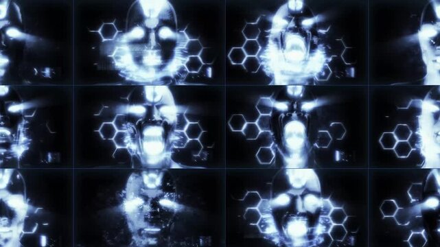 A looping background sequence of digital data style details featuring an AI avatar theme, depicting various concepts including false constructs, AI control and surveillance.