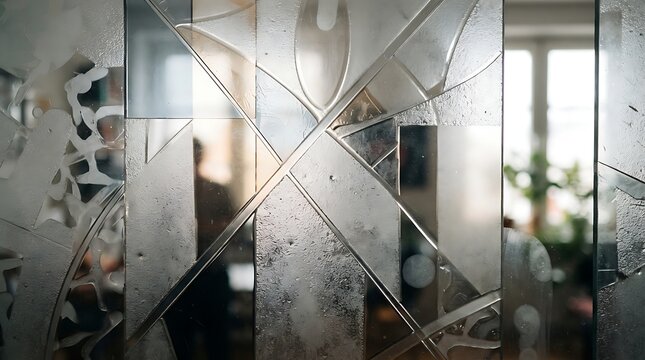 Abstract geometric pattern etched on frosted glass with subtle reflections