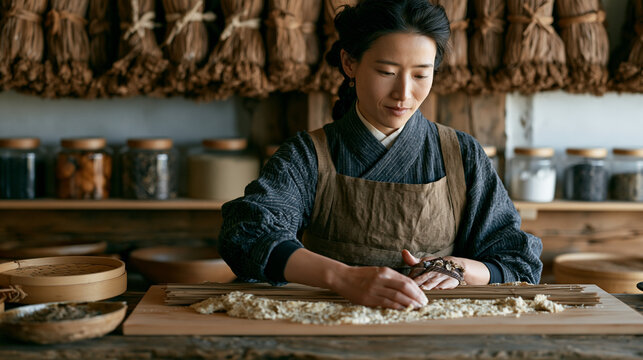 Incense crafter hand-rolling bamboo core sticks in a fragrant paste mixture on a wooden workboard inside a small aromatic workshop, rows of drying incense bundles hanging