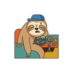 Fototapeta premium Tired Sloth Driving Car, Exhausted Driver, Sleepy Animal Character, Vector Illustration