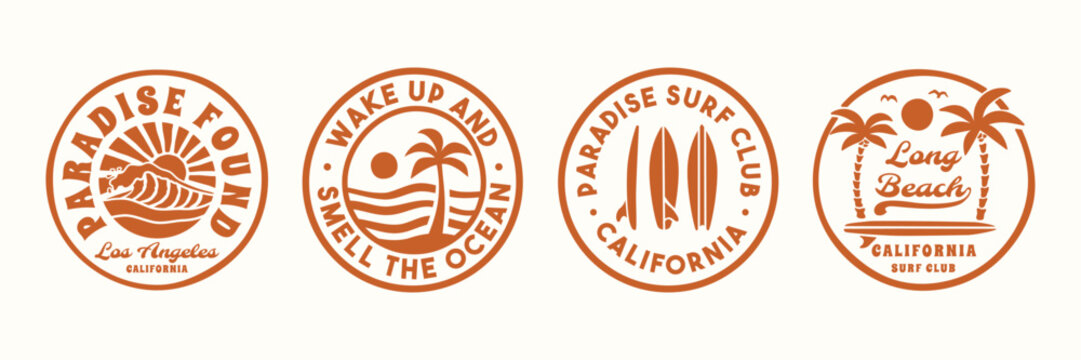 Vintage surf circle badge vector collection with retro beach emblems, palm trees, waves, and surfboards. Perfect for apparel, stickers, branding, logos and coastal summer designs.