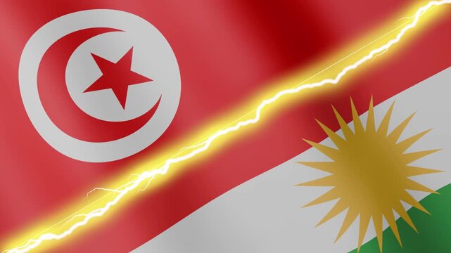 Two waving flags Tunisia and Kurdistan with diagonal lightning seamless, 4k loop