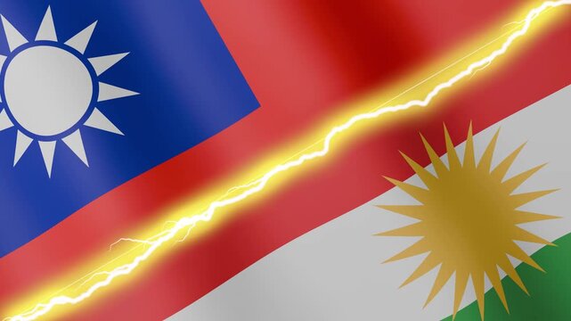Two waving flags Taiwan and Kurdistan with diagonal lightning seamless, 4k loop