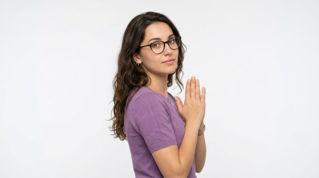 Young woman with glasses wearing a purple shirt holding her hands together in a grateful or praying gesture