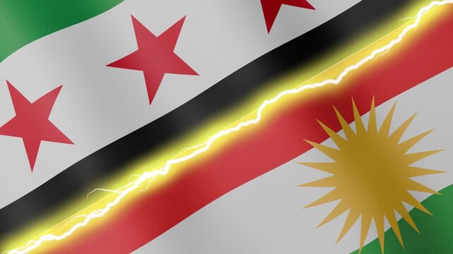 Two waving flags Syria and Kurdistan with diagonal lightning seamless, 4k loop