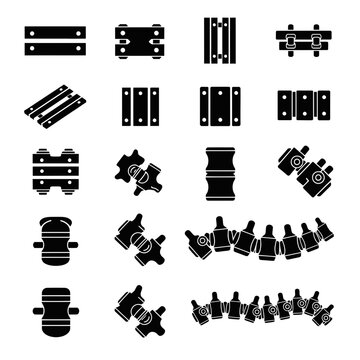 Set of Black Icons: Wooden Pallets, Crates, Barrels, and Spine Structure