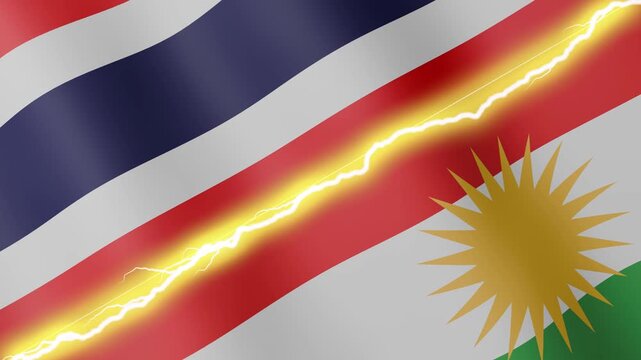 Two waving flags Thailand and Kurdistan with diagonal lightning seamless, 4k loop