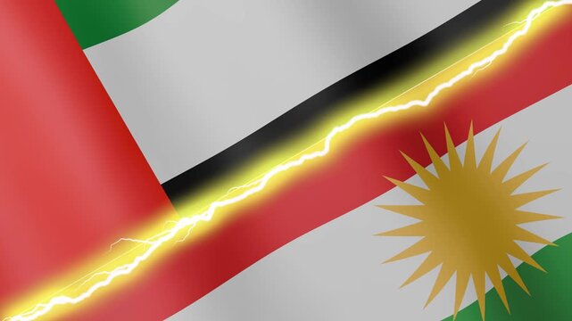 Two waving flags United Arab Emirates and Kurdistan with diagonal lightning seamless, 4k loop