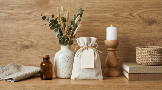 Minimal rustic home decor arrangement with dried flowers candle vase linen bag and wooden shelf for interior styling background and display