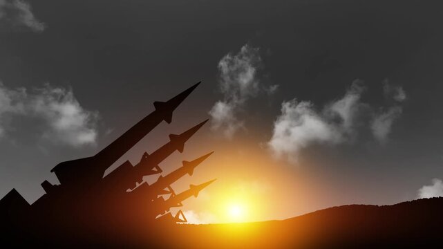 The missiles are aimed to the sky at sunset. Nuclear bomb, chemical weapons, missile defense, a system of salvo fire.