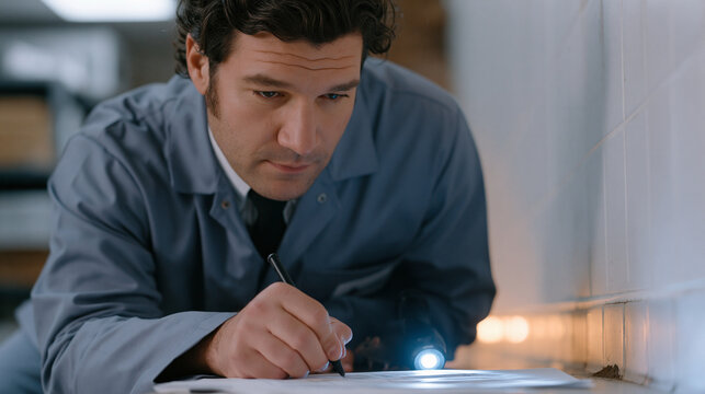 A pest inspection technician photographs evidence of rodent activity inside a commercial kitchen storage room, writing findings on a carbonless inspection form while his