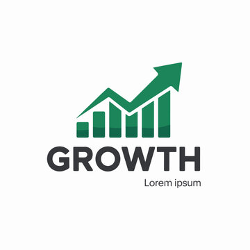 Green upward arrow and bar chart with the word growth and lorem ipsum text