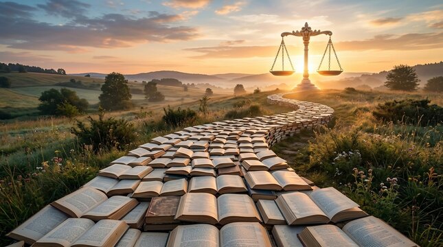 Path of knowledge leading to justice scales at sunset