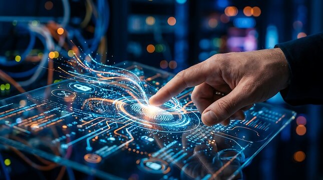 A human finger touching a glowing digital circuit board with blue light effects for modern computer technology concepts