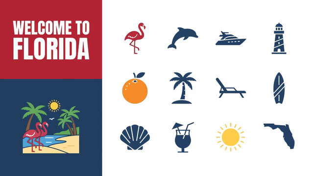 Coastal Florida Vacation Symbols Set Featuring Tropical Wildlife Nautical Elements and Sunshine Icons for Travel Design