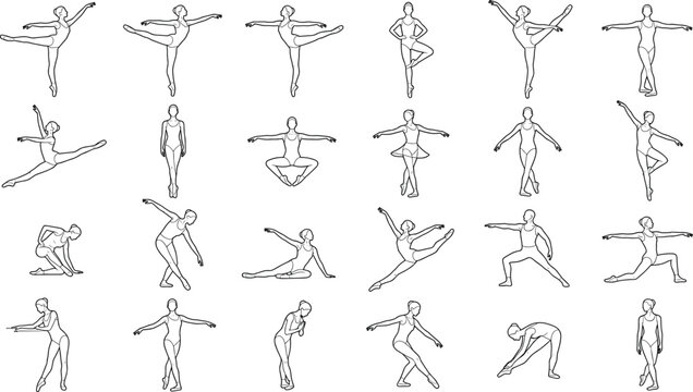 Ballet Dancer Line Art Character Set with Classical Dance Poses and Elegant Ballet Movements