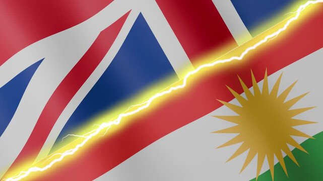 Two waving flags United Kingdom and Kurdistan with diagonal lightning seamless, 4k loop