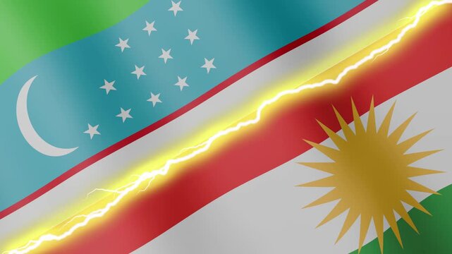 Two waving flags Uzbekistan and Kurdistan with diagonal lightning seamless, 4k loop