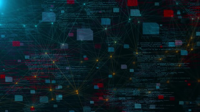 Programming network data visual with floating code layers, colored blocks, and connected digital nodes. Perfect for software explainers, cyber videos, developer screens, cloud promos, and overlays.