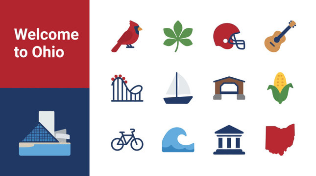 Set of Flat Vector Travel Icons Representing Cultural and Natural Landmarks of a Famous Midwestern United States Destination