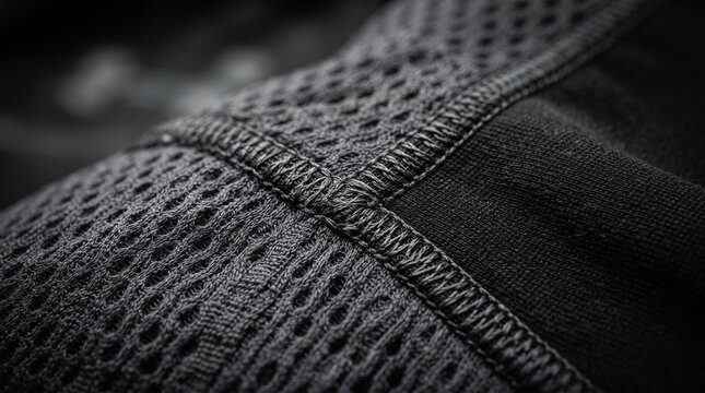 Close-up of premium sportswear showcasing breathable mesh fabric, moisture-wicking fibers, and reinforced flatlock stitching for high-performance athletic apparel.