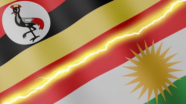 Two waving flags Uganda and Kurdistan with diagonal lightning seamless, 4k loop