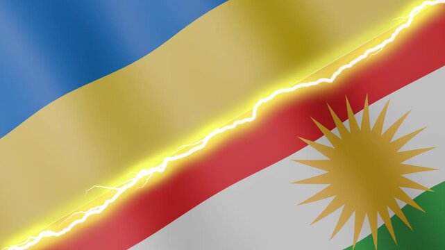 Two waving flags Ukraine and Kurdistan with diagonal lightning seamless, 4k loop