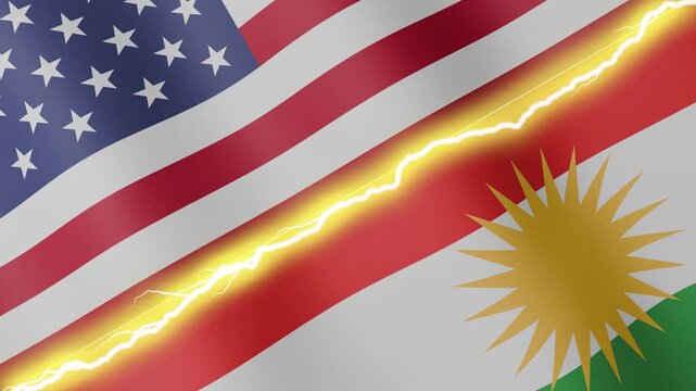 Two waving flags United States and Kurdistan with diagonal lightning seamless, 4k loop