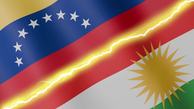 Two waving flags Venezuela and Kurdistan with diagonal lightning seamless, 4k loop