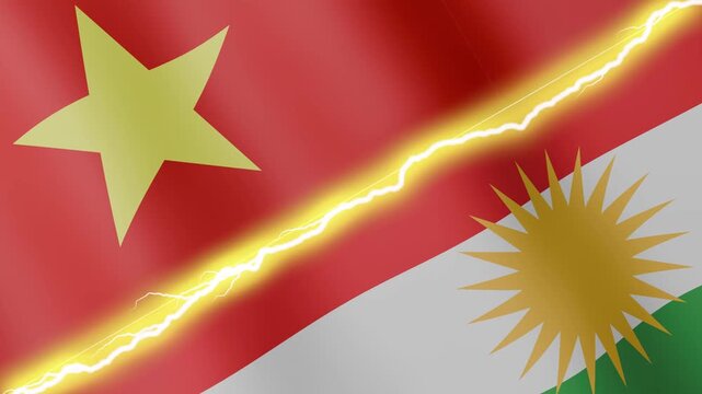 Two waving flags Vietnam and Kurdistan with diagonal lightning seamless, 4k loop