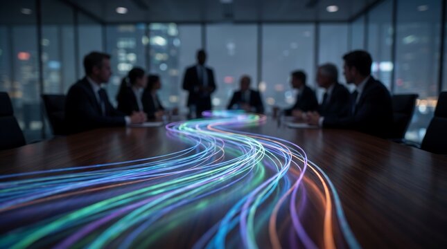 Group of business people in boardroom with glowing fiber optic data lines streaming across table representing digital transformation and information technology connectivity