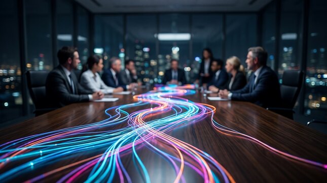 Corporate board meeting with glowing fiber optic data cables on conference table illustrating digital infrastructure and modern communication technology for business growth strategies