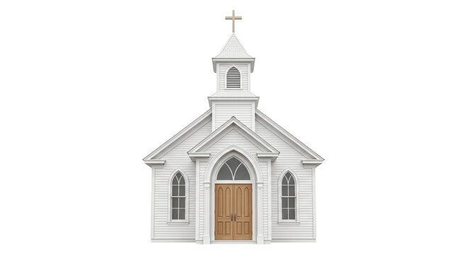 Classic white wooden church with a steeple and cross on a bright background