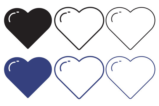 Minimalist heart icon set, 6 vector heart symbols in black and navy blue, flat and outline heart shapes for romance and wedding design