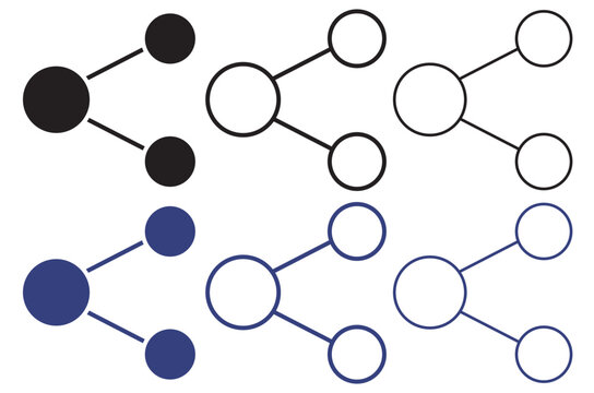 Minimalist share icon set in black and blue, social media connection symbols, network node vector graphics for web UI design